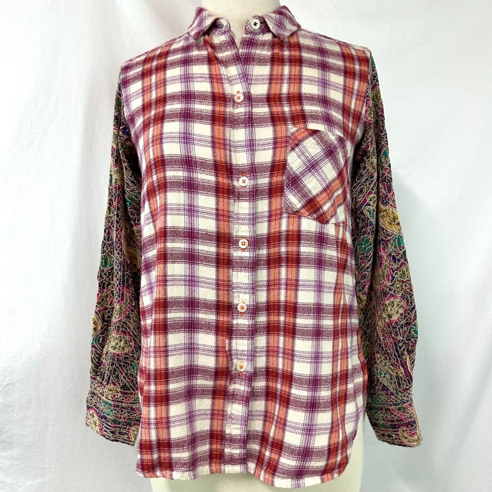 HOLDING HORSES ANTHROPOLOGIE Plaid Mixed Media Button Up Shirt Womens XS Western